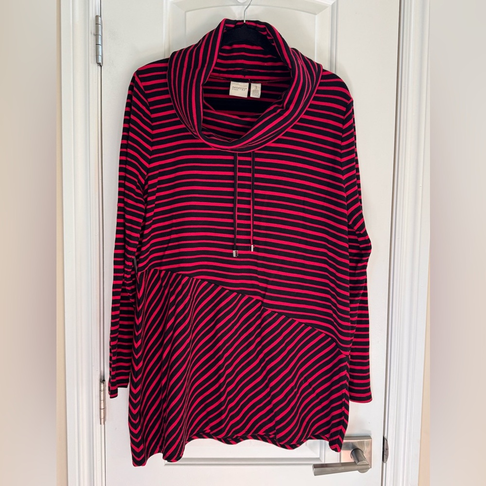 Chicos Asymmetrical Knit Tunic 3 or XL Black Red Stripe Cowl Neck Lagenlook Chic